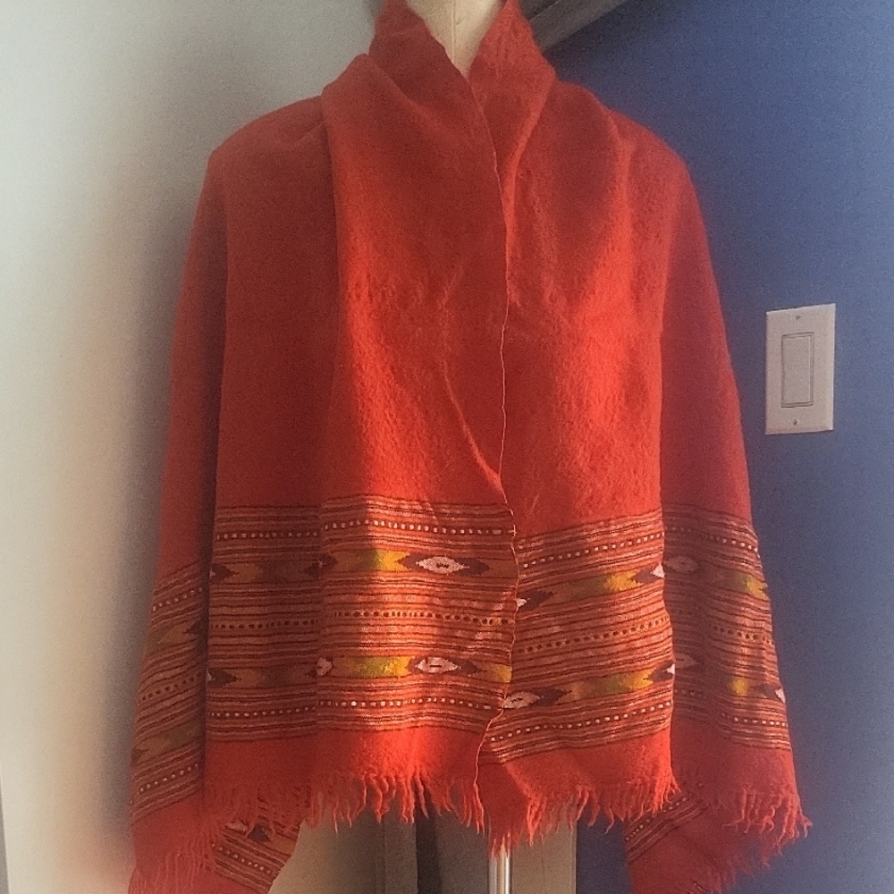 Wool Orange Fringe Scarf with Intricate Pattern